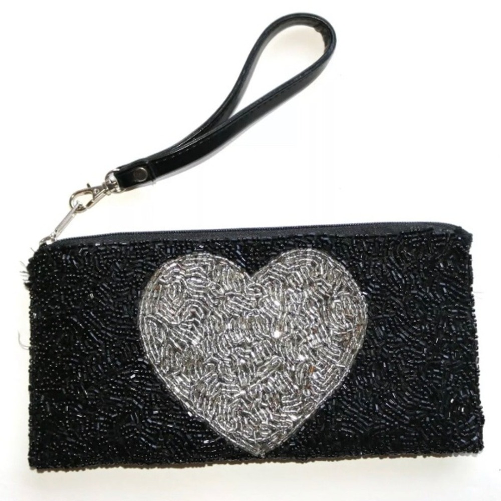 Expressions NYC Black Clutch Purse w/ Silver Heart Valentines FLAWLESS